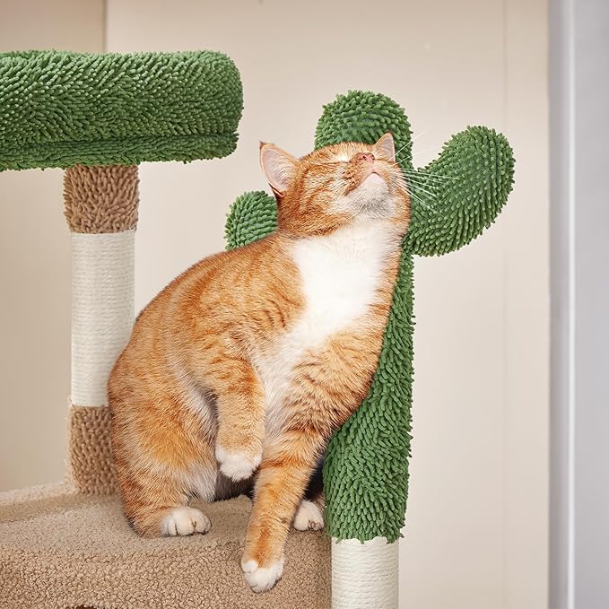 Yaheetech Cactus Cat Tree, 42in Cat Tower for Indoor Cats, Multi Level Kitten Condo Scratching Post, Pet Activity Center Furniture w/Ball, Plush Perch, Platform, Basket, Brown/Green