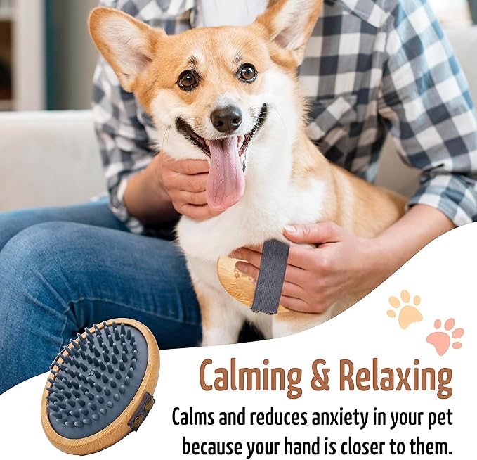 The Buddy System Rubber Pet Close Brush, Soft Touch Oval Palm Brush - Bamboo Massage Handheld with Rubber Bristles and Elastic Band for Dogs and Cats - Gray