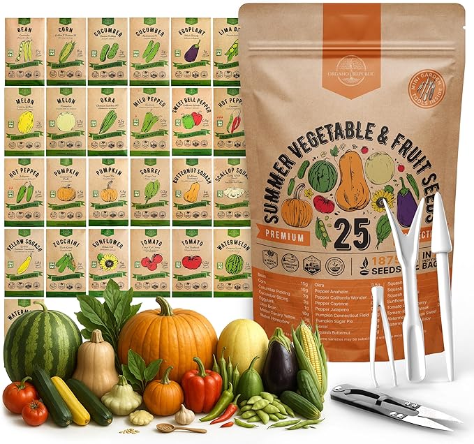 25 Summer Vegetable & Fruit Seeds Variety Pack - 1,870+ Non-GMO Heirloom Veggie & Fruits Seeds for Outdoors and Indoor Home Gardening, Including Collards, Tomato, Pepper, Okra, Onion, Bean, Cucumber