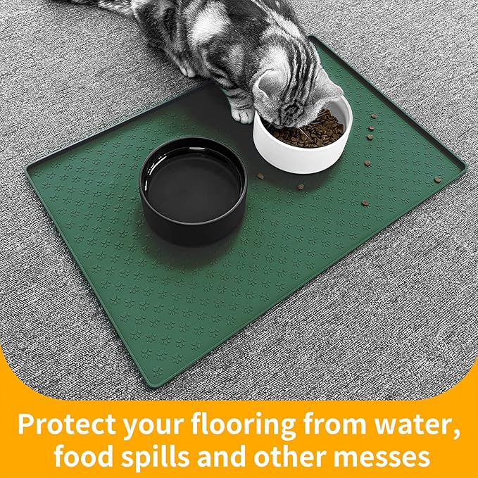 Ptlom Pet Placemat for Dog and Cat, Waterproof Silicone Pet Feeding Bowl Mats for Food and Water, Small Medium Large Dogs Mat Prevent Residues from Spilling to Floor, Hunter Green, 24.5" 16.5"