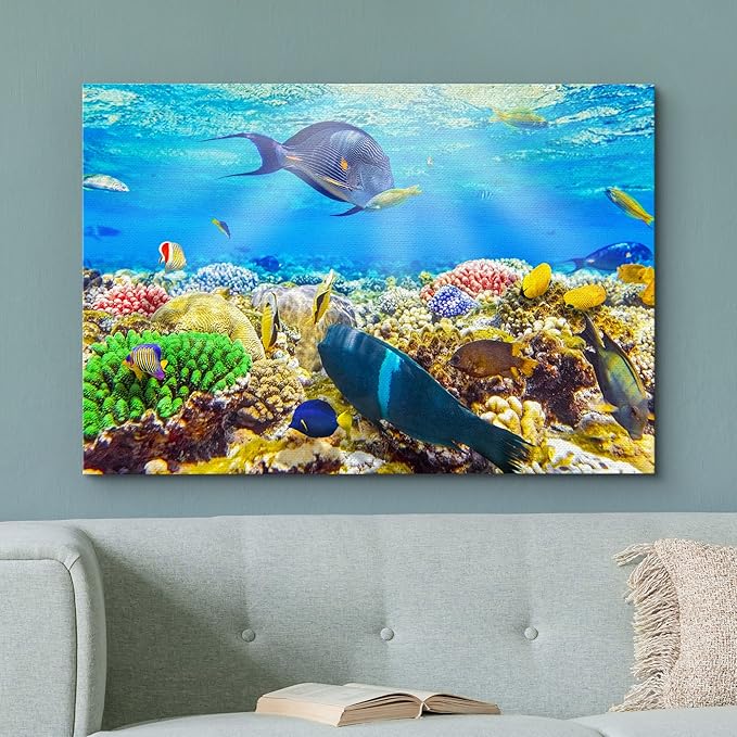 wall26 Canvas Print Wall Art Sunlight Ocean Sea Coral Reef Anemone Fish Nature Animals Photography Realism Rustic Scenic Landscape Wilderness Earth for Living Room, Bedroom, Office - 16"x24"