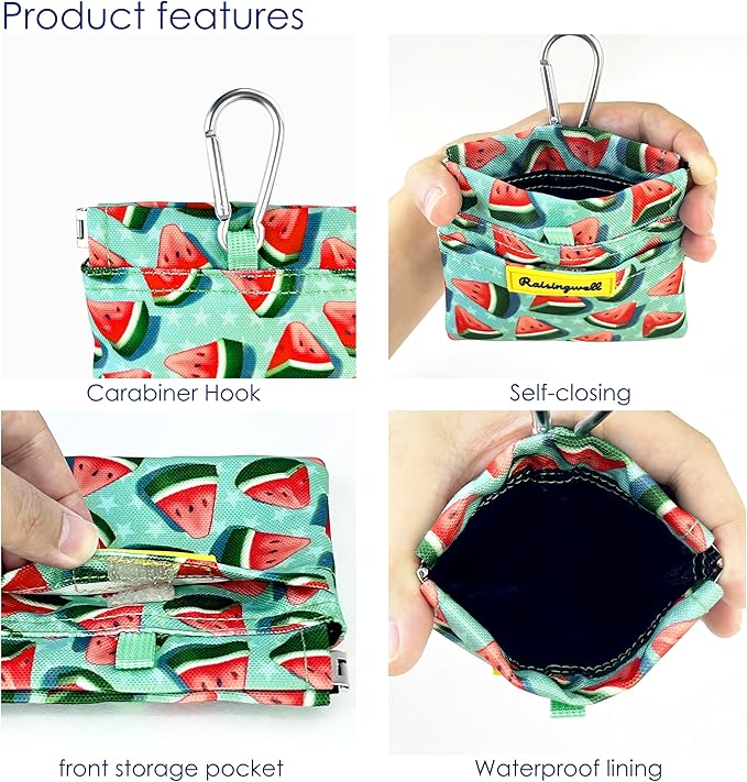 Dog Treat Pouch,Cotton Pocket Sized Training Holder, Hand Free Walking Funny Bag with Carabiner, Self-Closing Pet Feed Snack Reward, Behavior Aids for Puppy Travel or Outdoor Use（Watermelon）
