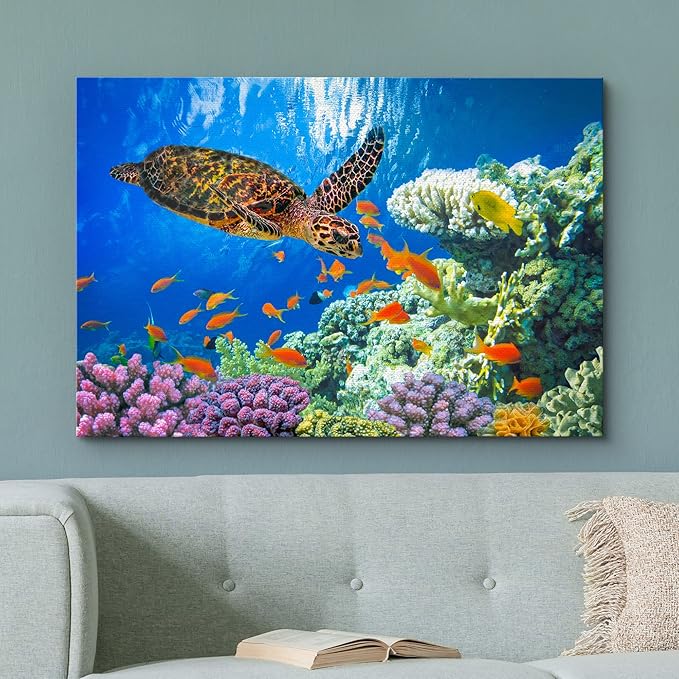 wall26 Canvas Print Wall Art Vibrant Neon Underwater Turtle, Reef & Fish Nature Animals Photography Realism Rustic Scenic Landscape Wilderness Colorful for Living Room, Bedroom, Office - 12"x18"