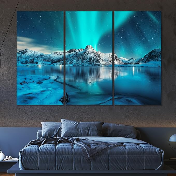 Nature Wall Art Prints - Ocean Forest Mountain Lake Canvas Landscapes - Small to Extra Large Living Room Bedroom Kitchen Bathroom Décor (Northern Lights Over Lake, 39L" x 59W" - 3 Panels)