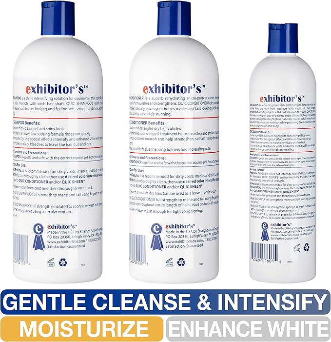 exhibitor's Quic Silver System Includes Quic Shampoo Quic Conditioner 32 Ounce Each Plus Quic Silver 16 Ounce for Dogs, Horses, Greys, Palominos, Cream Color Coats Silver Ash Highlights