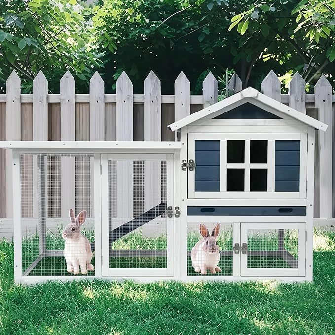 GARWOOD Large Outdoor Indoor Rabbit Hutch Wooden Bunny Rabbit Cage 2-Story with Run No-Leak Pull-Out Tray Waterproof Asphalt Roof Ramp for Guinea Pig Small Animal Wood Pet House Home Blue White