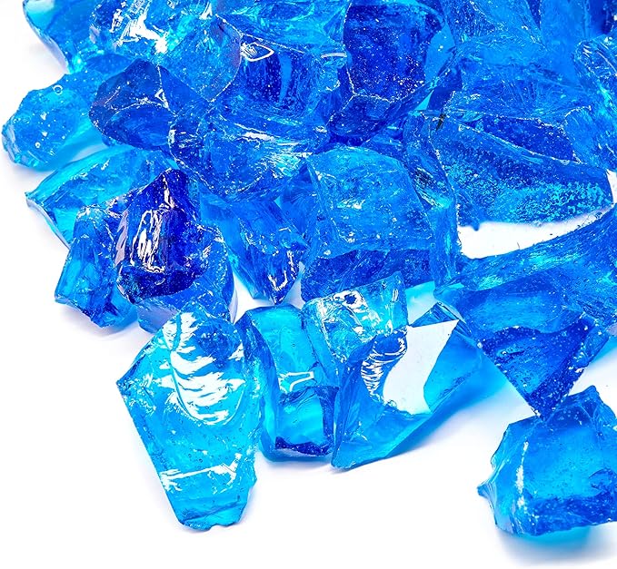 TWINKLING High Luster Fire Glass Gravel Stone,Broken Glass,Fire Pit Glass,Crushed Glass for Fireplace Pit Aquarium Garden Decoration,1-3cm,2-Pound Jar (Ocean Blue)