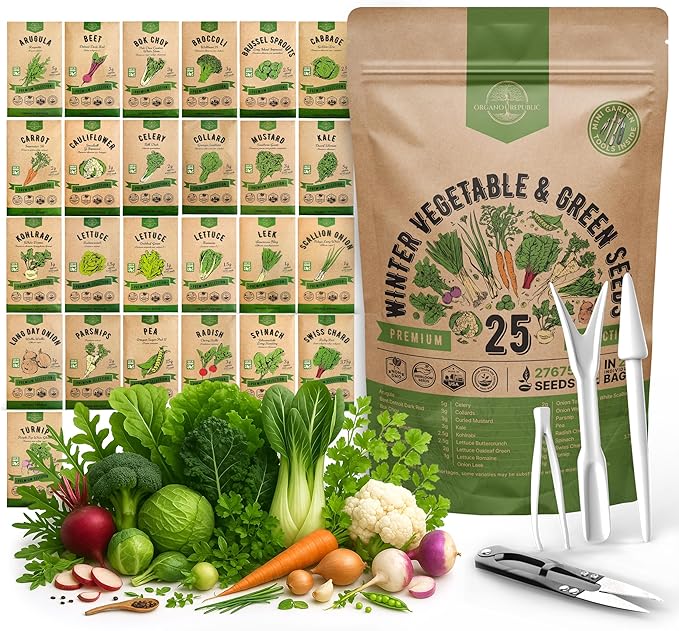 Organo Republic 25 Winter Vegetable & Green Seeds Variety Pack for Outdoors & Indoor Home Gardening 27670+ Non-GMO Heirloom Seeds: Broccoli Beet Carrot Collard Lettuce Radish Spinach Pea Kohlrabi