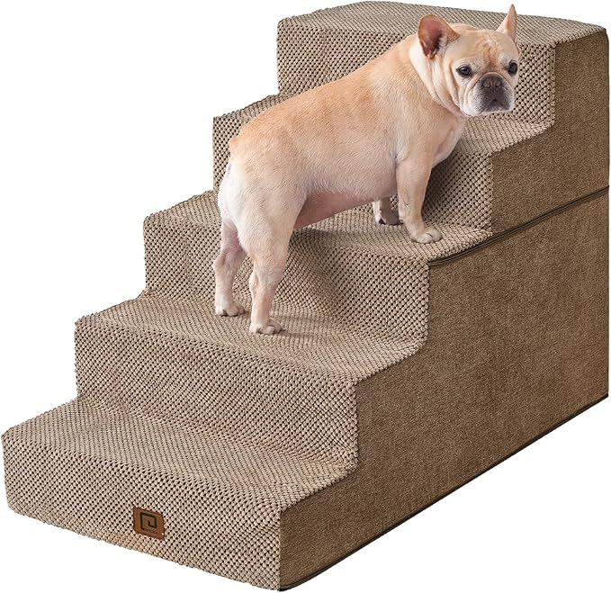 EHEYCIGA Dog Stairs for High Bed 25" H, 5-Step Extra Wide Dog Steps for Bed, Pet Steps for Small Dogs and Cats, Non-Slip Balanced Pet Ramp Indoor, Camel