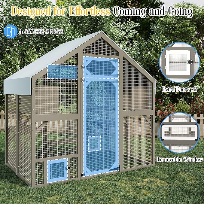 Cat Catio Outdoor Enclosure for Multiple Cats, Large Wooden Walk-in Cat House with Window Connection, 2 Condos, Platforms, Doors, and Weatherproof Roof Cover (69.5" L x 47" W x 71" H)