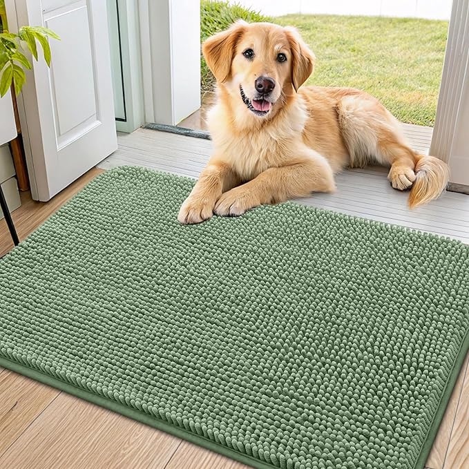Smiry Dog Door Mat for Muddy Paws 36x24, Absorbs Moisture and Dirt Doormat, Non-Slip Washable Quick Dry Chenille Front Door Mat Indoor Entrance, Entryway Carpet for Inside Floor, Olive Green