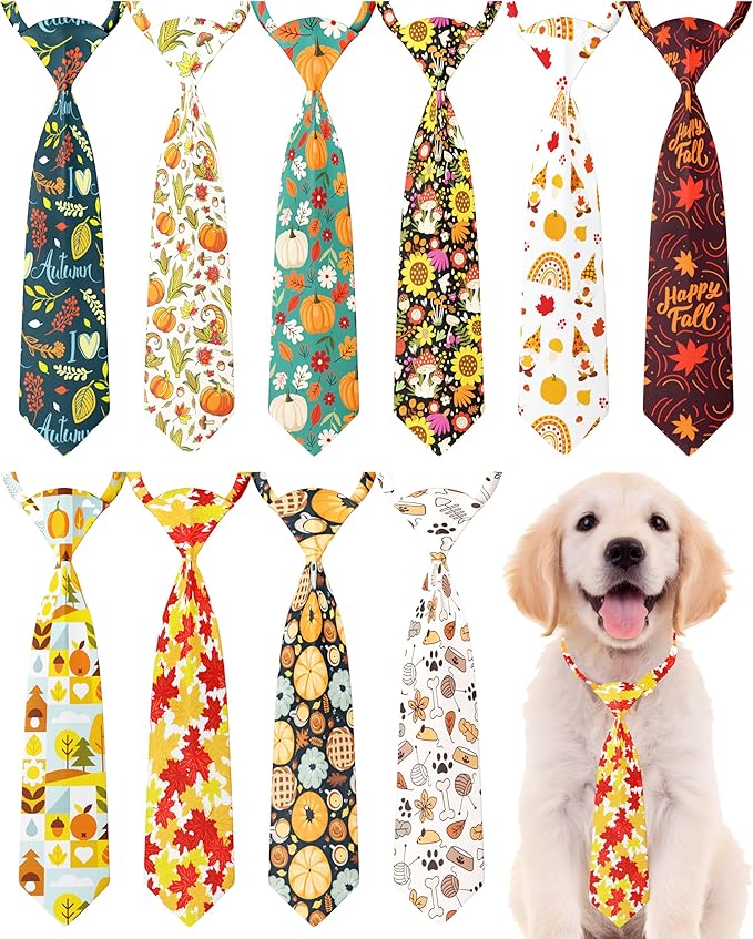 PET SHOW 10 Pack Fall Dog Ties Neckties for Large Medium Dogs Pumpkin Maple Leaf Adjustable Neck Ties Girl Boy Pets Autumn Costumes Dog Holiday Grooming Accessories Wedding Party Gift Favor