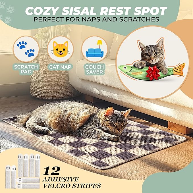 Sisal Cat Scratcher, [+ Catnip Fish Toy], Cat Wall Scratcher, Couch Protector from Cat Scratching, 24 X 15.8 with 12 Adhesive Velcro Stripes. (Checkered)
