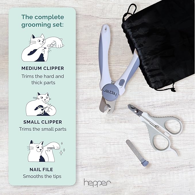 Hepper Cat Nail Clipper Kit - Small and Large Sharp Cat Claw Clippers with Added Nail File and Storage Pouch - Cat Nail Clippers with Safety Guard and Lock - Professional Cat Manicure …