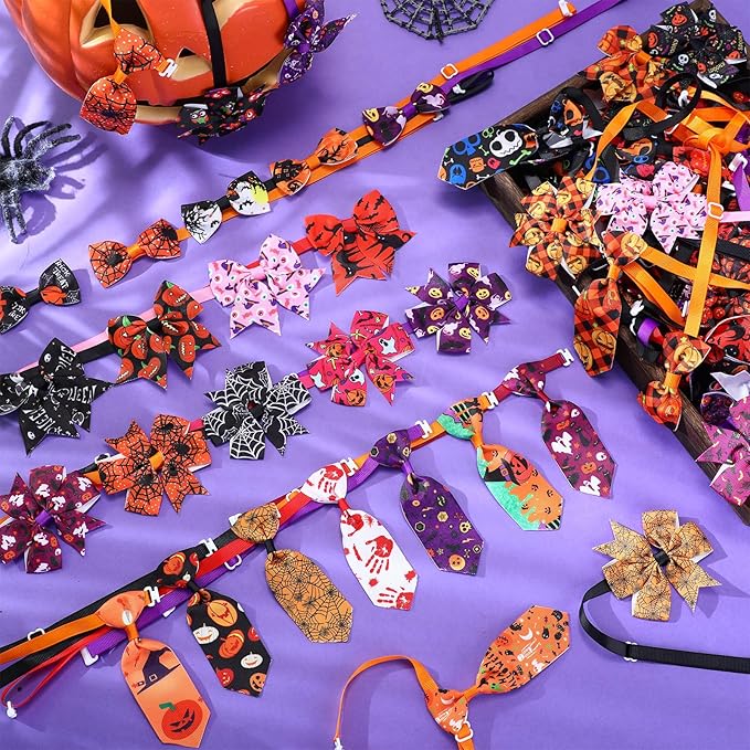 Talltalk 360 Pcs Halloween Dog Bow Ties Collars Set Adjustable Thanksgiving Christmas Fall Xmas Dogs Neckties Grooming Accessories for Small Medium Large Pet Cat Decoration(Pumpkin)