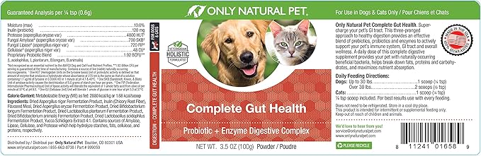 Only Natural Pet Complete Gut Health Complex - Probiotics & Digestive Enzyme Supplement for Dogs & Cats - Promotes Healthy Digestion, Immune System, Nutrient Absorption - Made in USA -3.5oz Powder