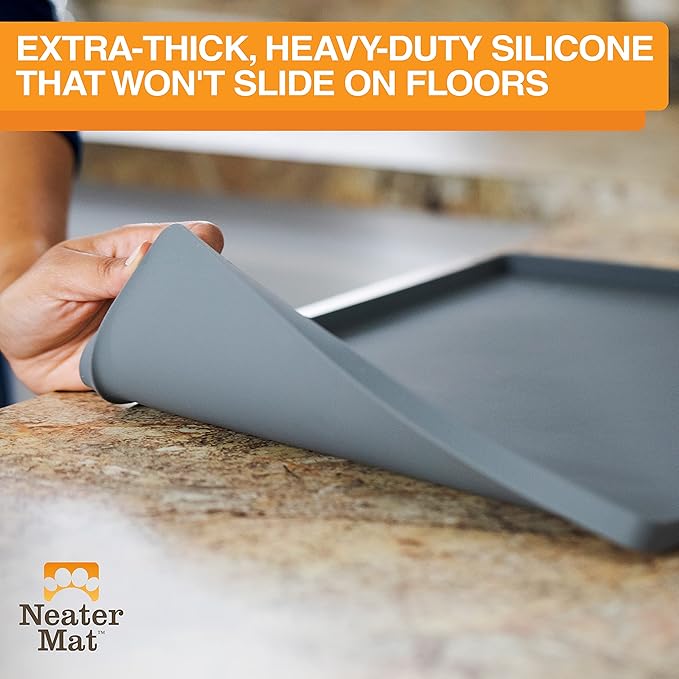 Neater Pet Brands Neater Mat Pet Mats for Food and Water, Cat & Dog Bowl Mat Waterproof Silicone, Feeding Tray, Dog Food Mats for Floors, Placemat w/Raised Edge for Under Bowls, 16” x 10”, Grey