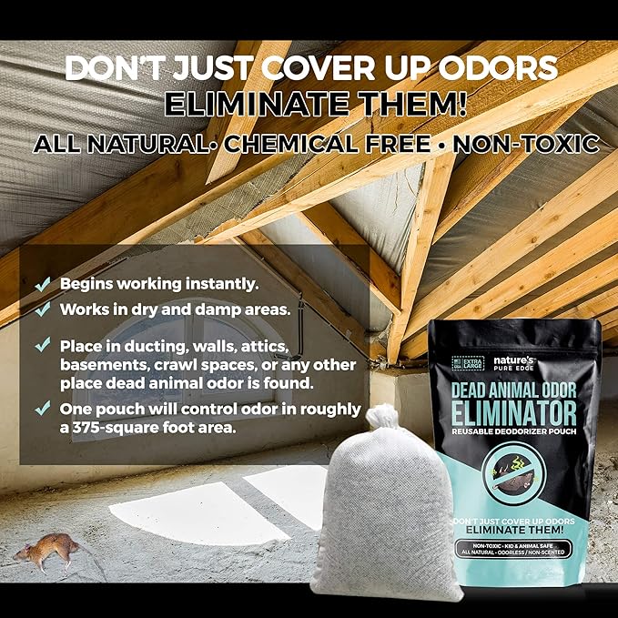 Dead Animal Smell Eliminator Pouch – Fragrance-Free, Reusable Deodorizer for Attic, Wall, Crawlspaces. Removes Decay Odor, Pet & Kid Safe, Extra Large, Covers Up to 375 Sq Ft.
