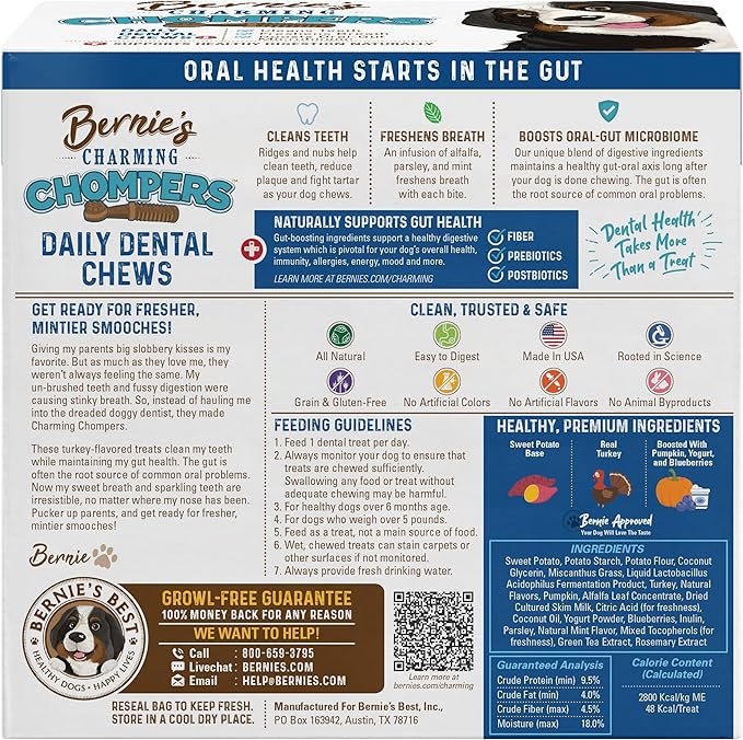 Bernie's Charming Chompers - Daily Dental Chews for Dogs - Cleans Teeth, Freshens Breath, + Boosts Oral-Gut Microbiome. Easy to Digest, Supports Healthy Digestion Naturally (36 oz, Small Dogs)