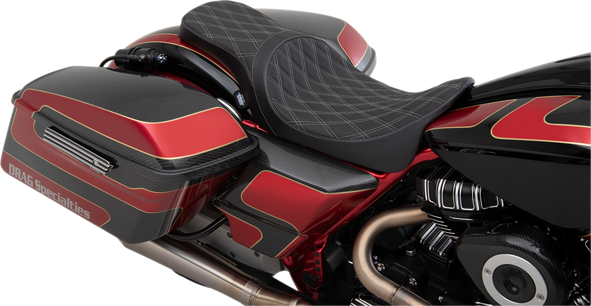 DRAG SPECIALTIES SEATS, DRAG SPECIALTIES SEATS Forward Positioned Predator 2-Up Seat - Double Diamond Silver Stitched for Harley FL 2008-2023 (Part #0801-1266)