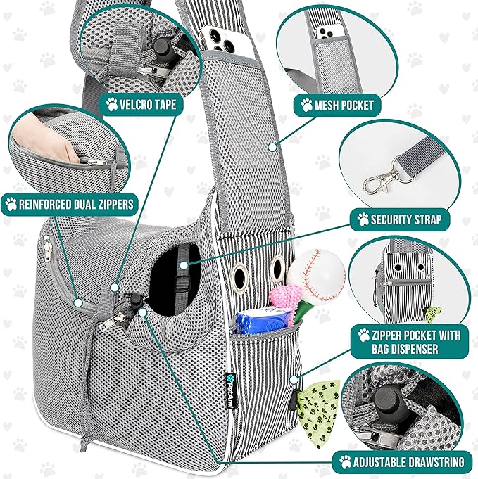 PetAmi Small Dog Sling Carrier, Soft-Sided Crossbody Puppy Carrying Purse Bag, Adjustable Sling Pet Pouch to Wear Medium Cat Travel, Dog Bag for Traveling, Poop Bag Dispenser, Max 10 lbs, Stripe Black