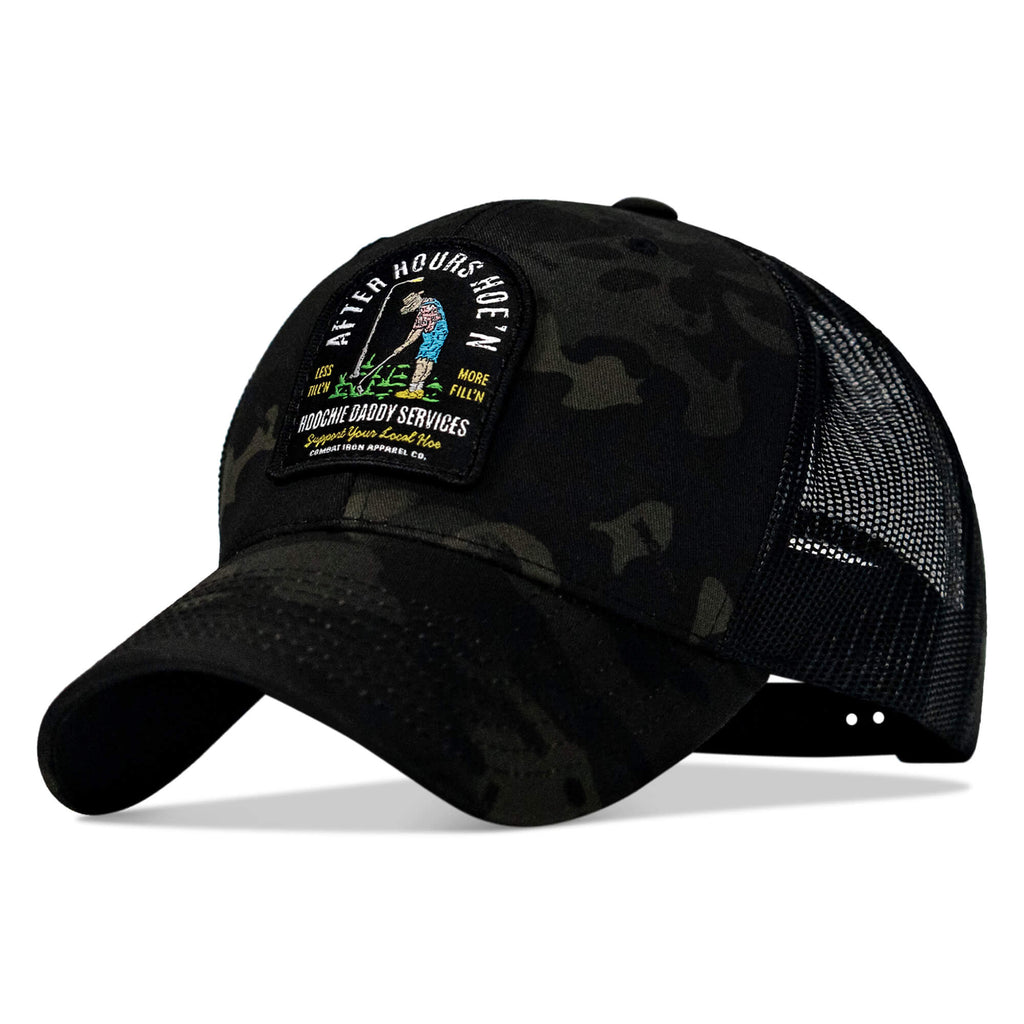 Front view of the camo version of After Hours Hoe'n Farmer Patch Snapback Hat from Combat Iron Apparel, featuring a unique patch design.