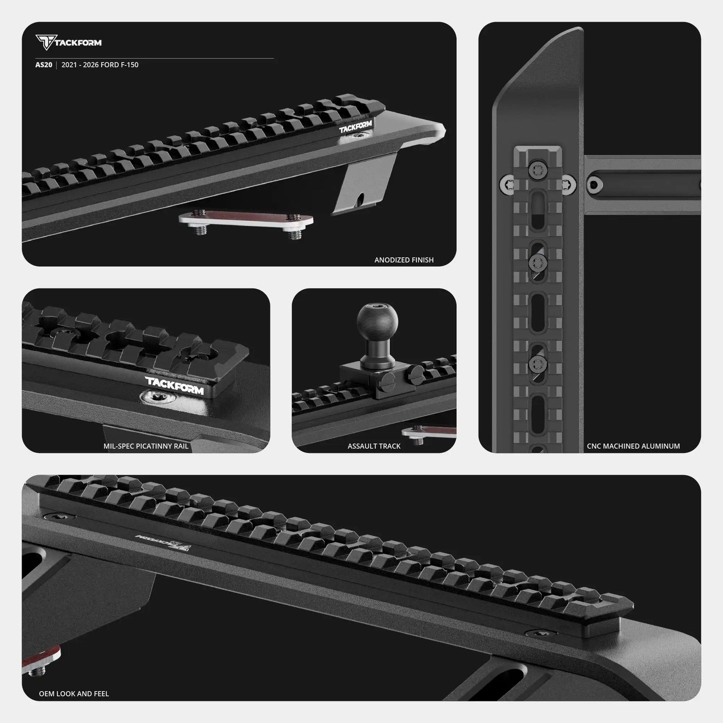 2021+ Ford F-150 (See Compatibility Info For Specific Year/Trim Fitment Details) Tackform Assault Track Picatinny Dash Bracket With 20LITE Phone & Tablet Mounts