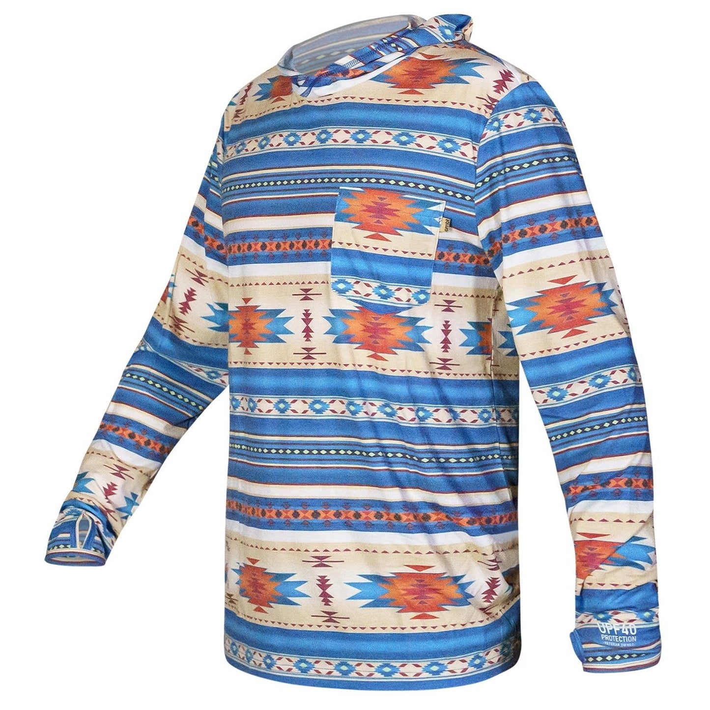Back view of a model wearing Men's Outdoors Long Sleeve Performance Hoodie with tribal pattern by Combat Iron Apparel.
