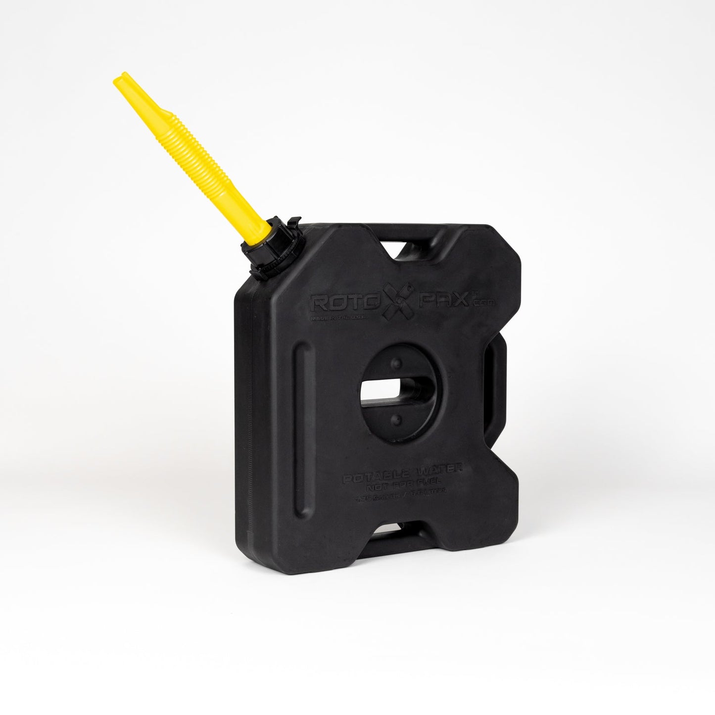 Close-up of RotopaX 1.75 Gallon Water Black with integrated spout, perfect for outdoor adventures.