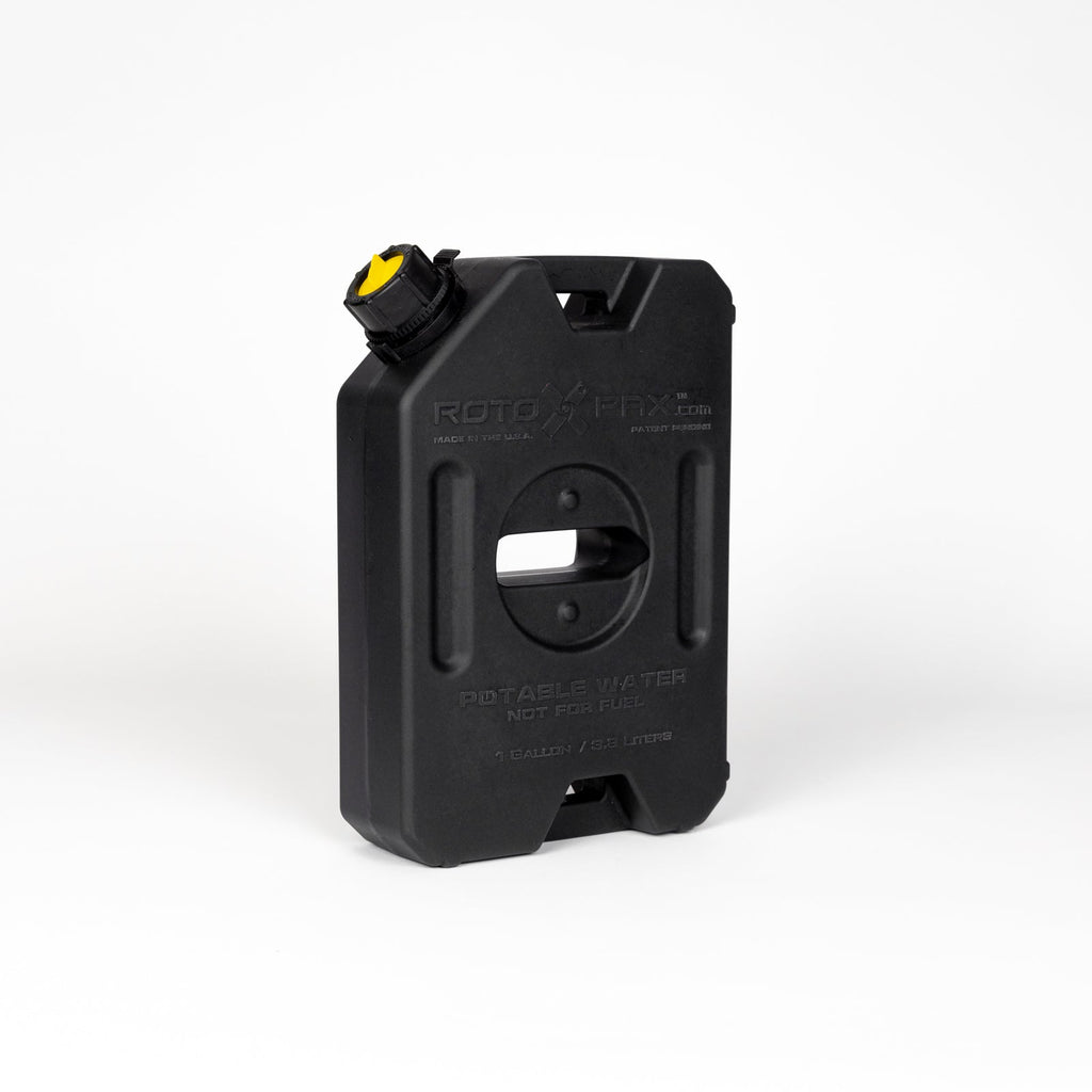 Close-up of RotopaX 1 Gallon Water Black container with easy-pour spout, ideal for camping and emergency preparedness.