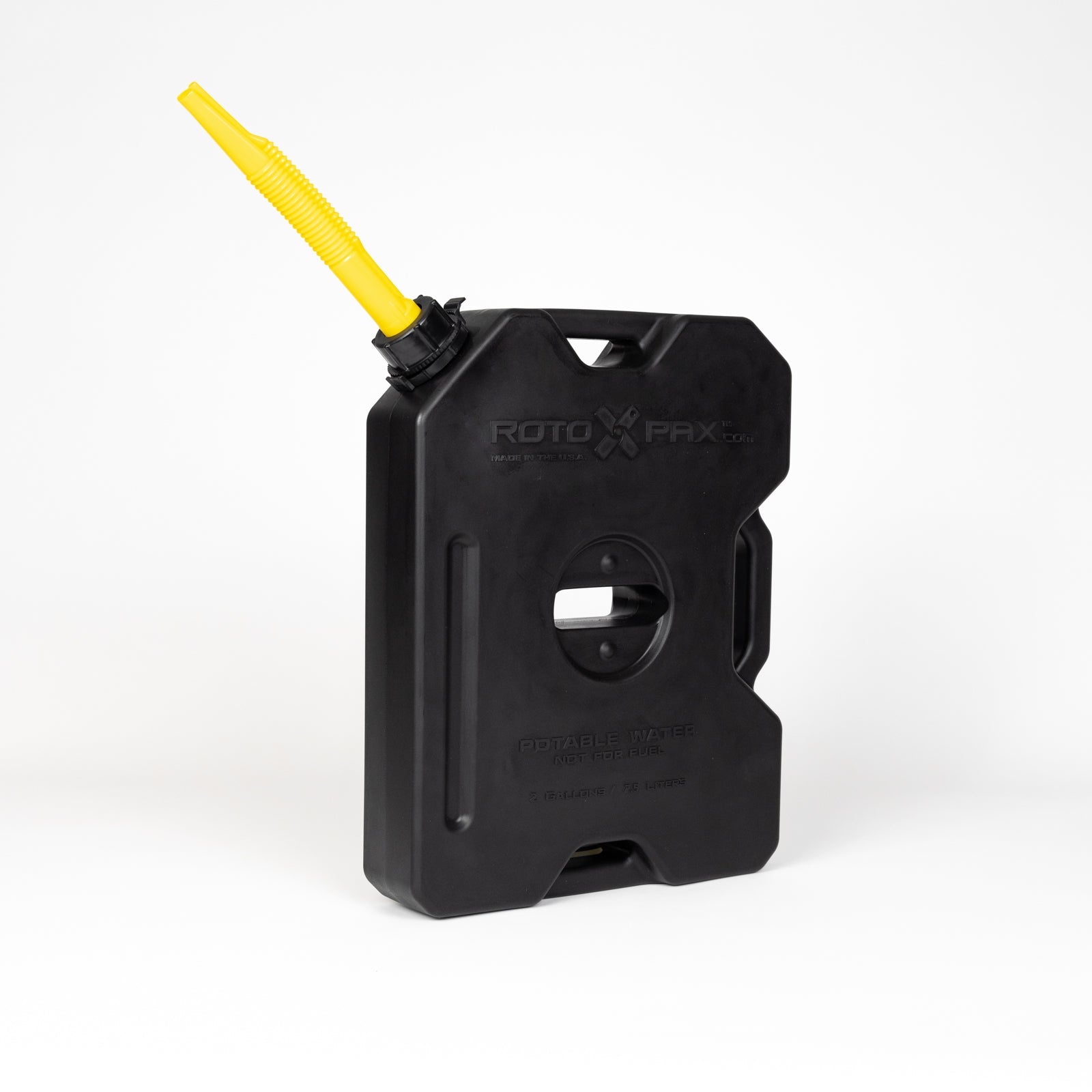 2 Gallon Water GEN2 Black container by RotopaX featuring a yellow spout for easy pouring.
