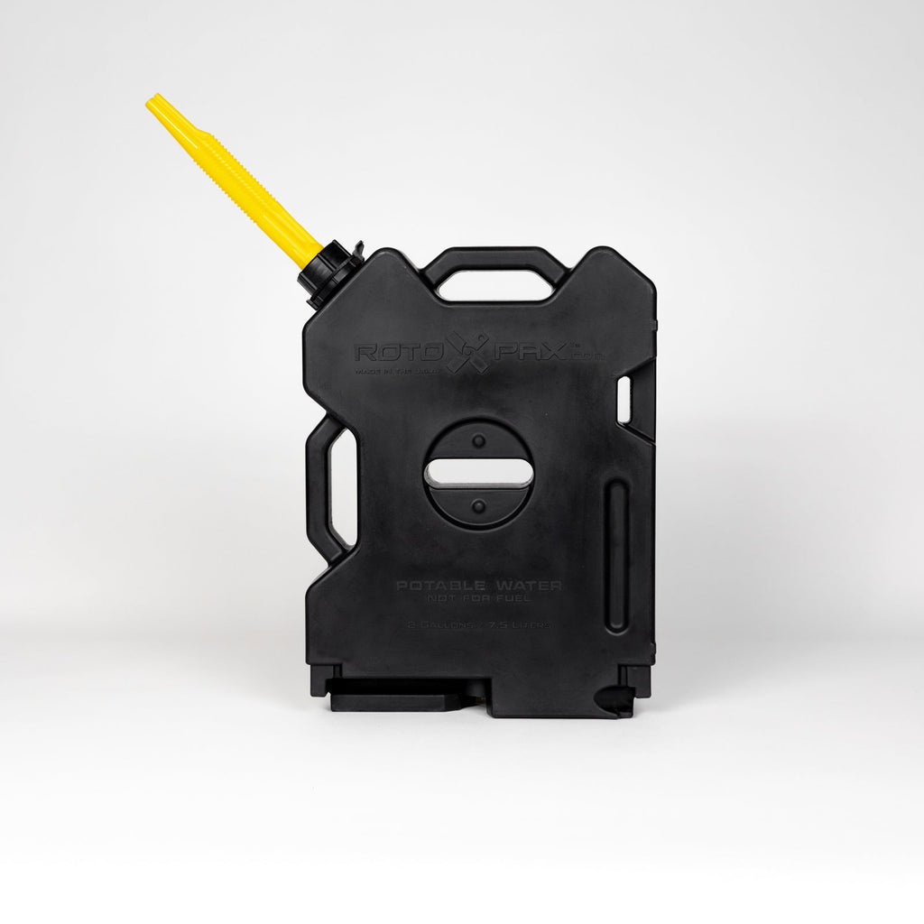 2 Gallon Water Black container by RotopaX, featuring a yellow spout and a sturdy design for easy portability.