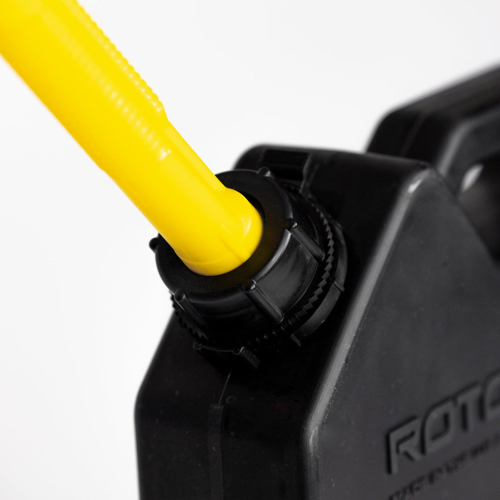 Close-up view of the yellow spout on the 2 Gallon Water Black container by RotopaX, designed for easy filling and dispensing.