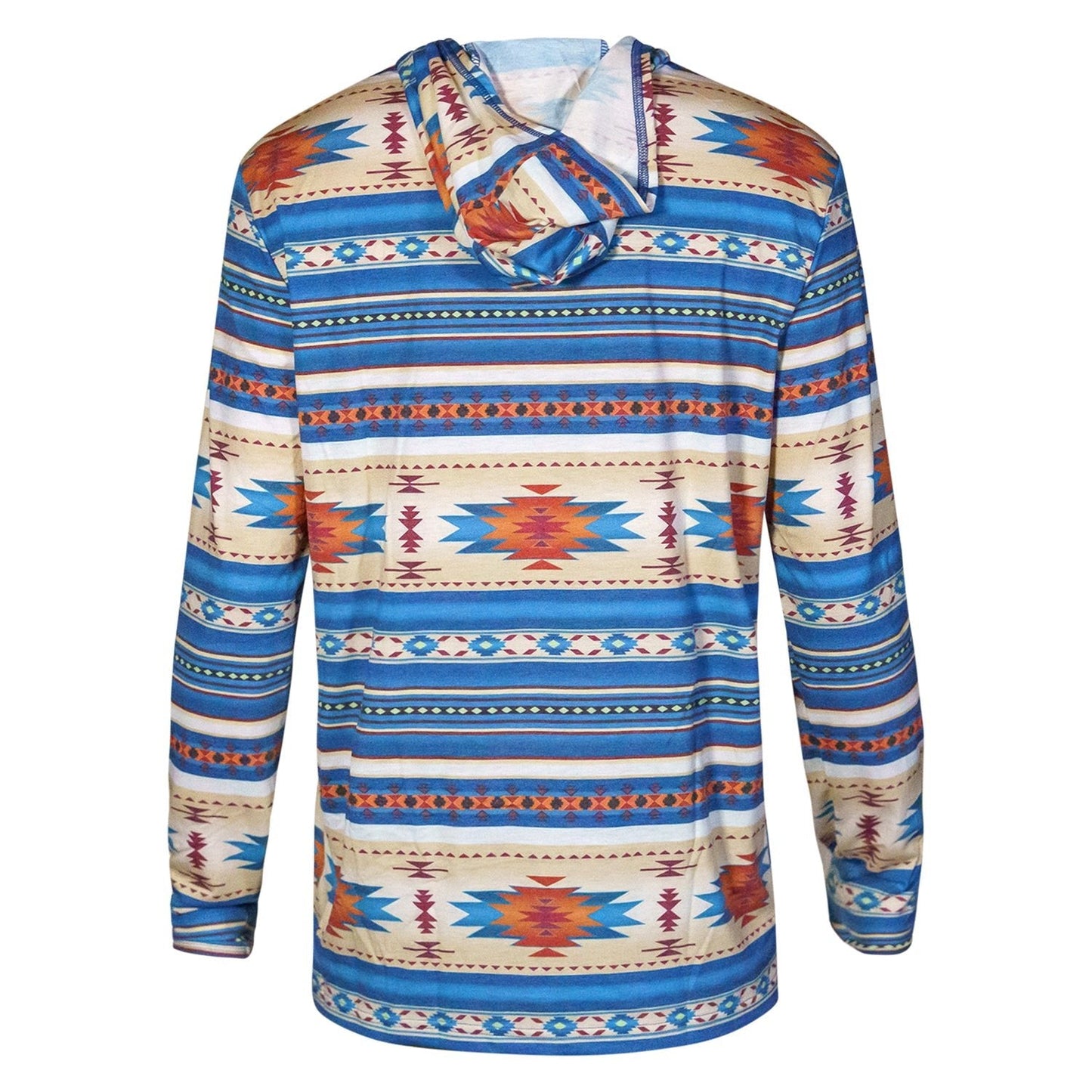 Back view of Men's Outdoors Long Sleeve Performance Hoodie in tribal print by Combat Iron Apparel, featuring a spacious hood.