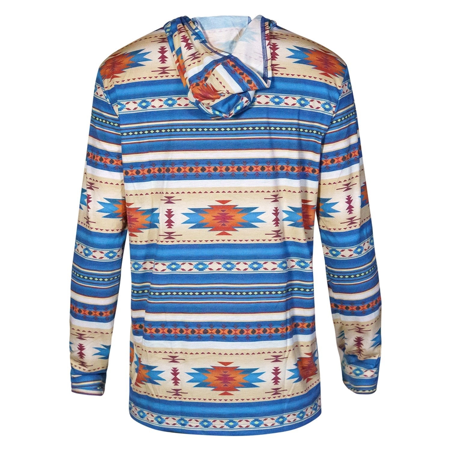 Back view of Men's Outdoors Long Sleeve Performance Hoodie in tribal print by Combat Iron Apparel, featuring a spacious hood.