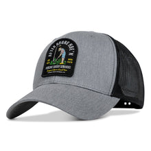 Load image into Gallery viewer, Close-up of gray After Hours Hoe'n Farmer Patch Snapback Hat by Combat Iron Apparel, showing the details of the embroidered patch.