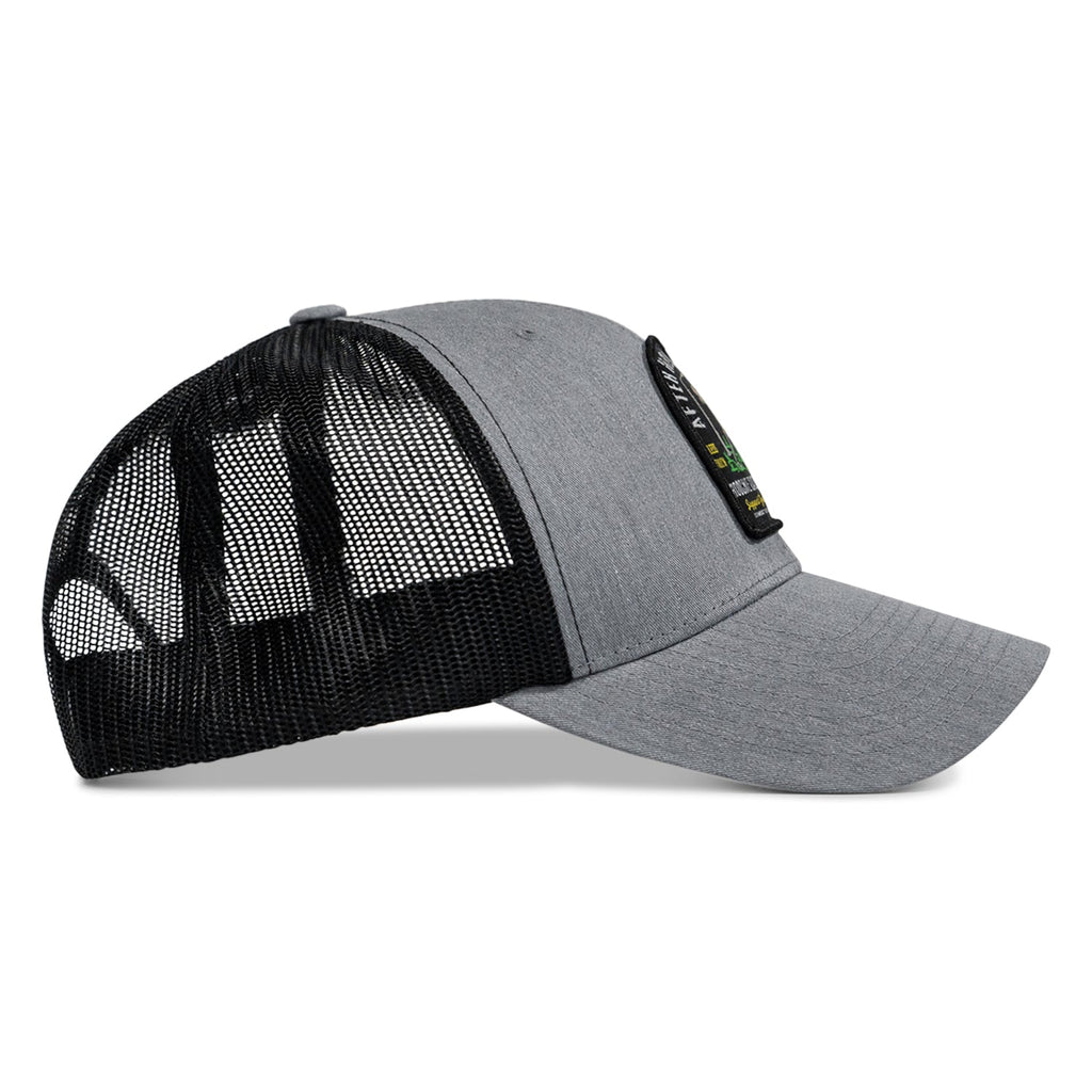 Side view of the gray After Hours Hoe'n Farmer Patch Snapback Hat from Combat Iron Apparel, featuring a breathable mesh design.