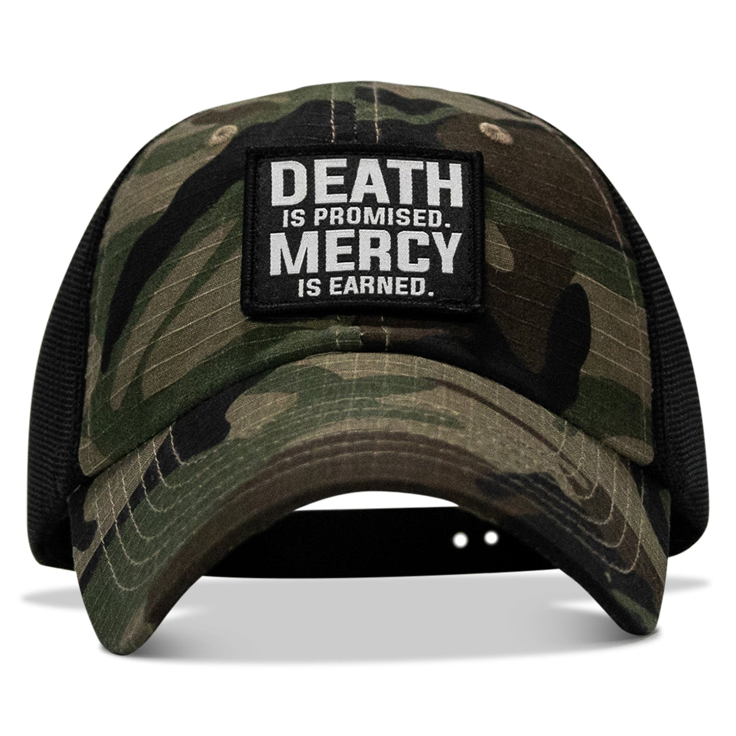 Death Is Promised. Mercy Is Earned Patch. Tactical Ripstop Mesh Snapback Hat