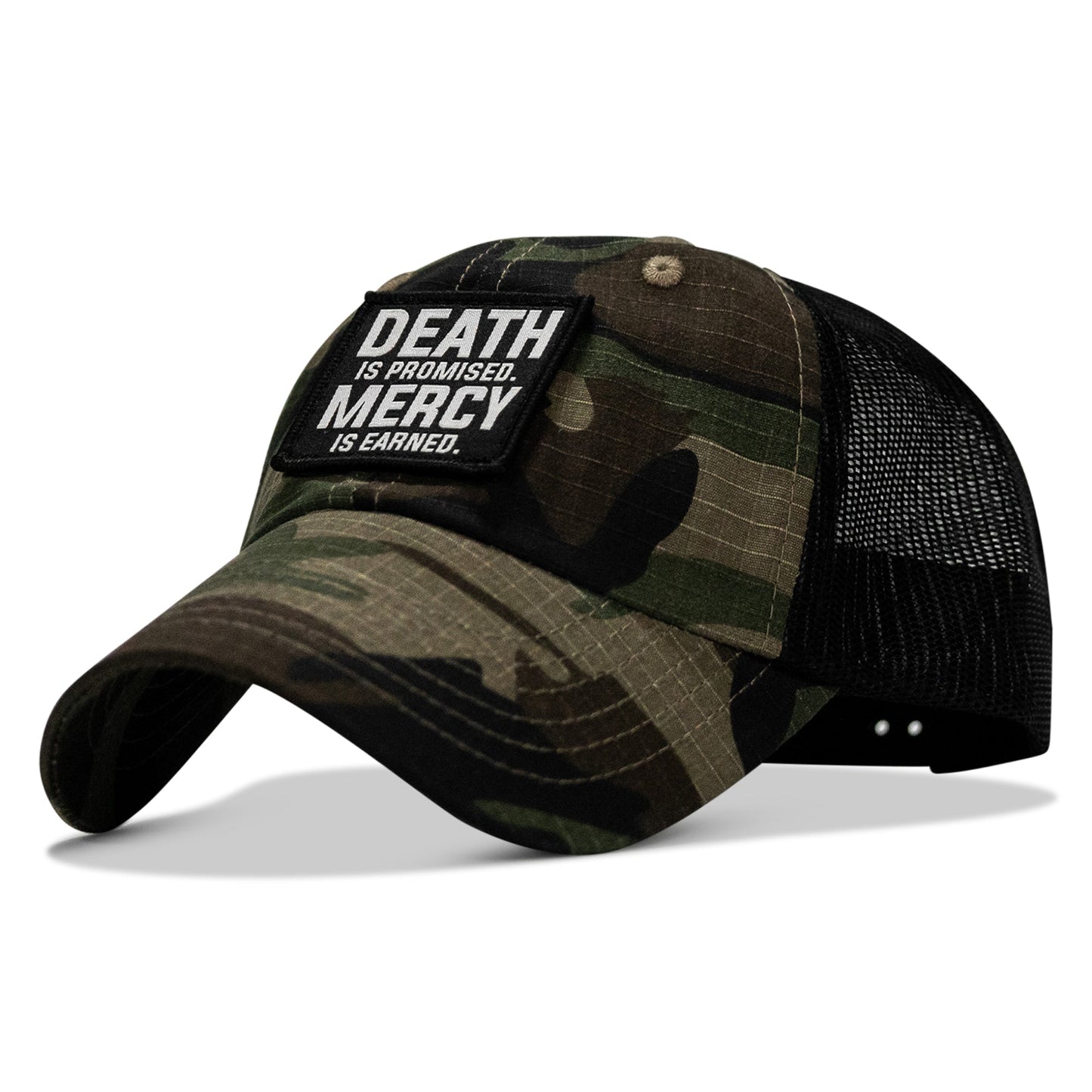 Death Is Promised. Mercy Is Earned Patch. Tactical Ripstop Mesh Snapback Hat