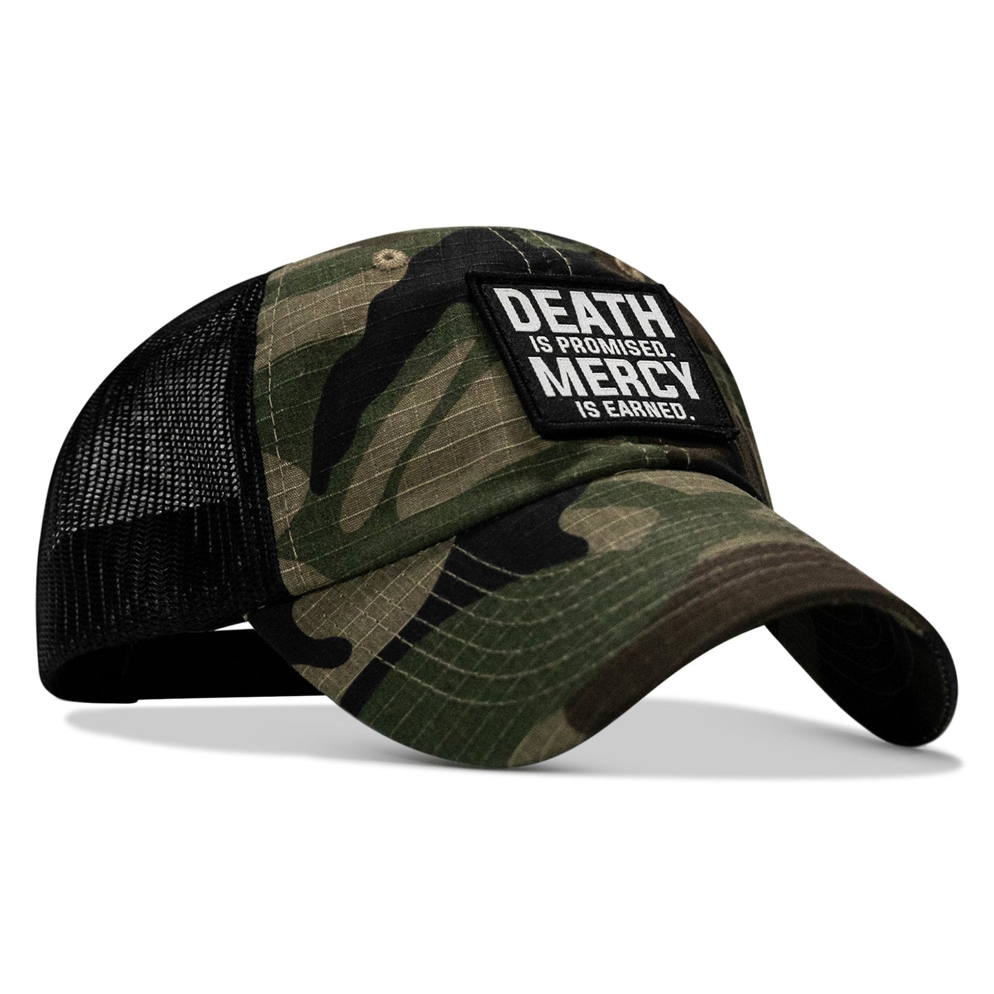 Death Is Promised. Mercy Is Earned Patch. Tactical Ripstop Mesh Snapback Hat