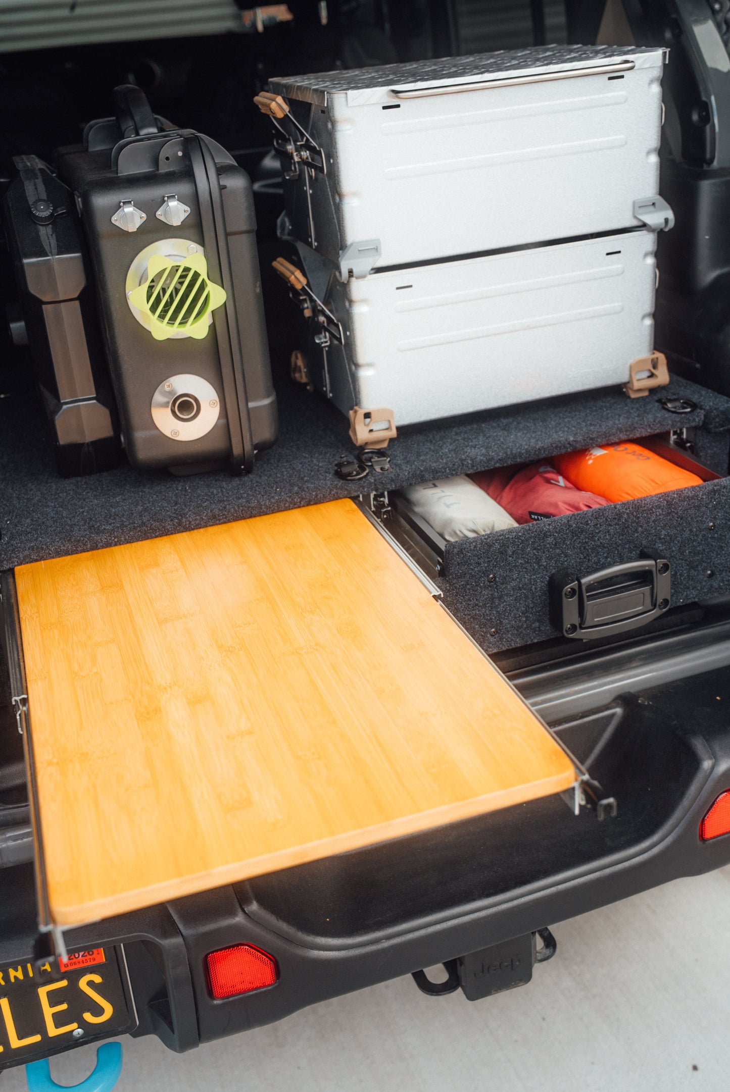Heavy Duty Versatile Drawer System for Jeep Wrangler JL w/ Slide-Out Bamboo Table & Fridge Mount