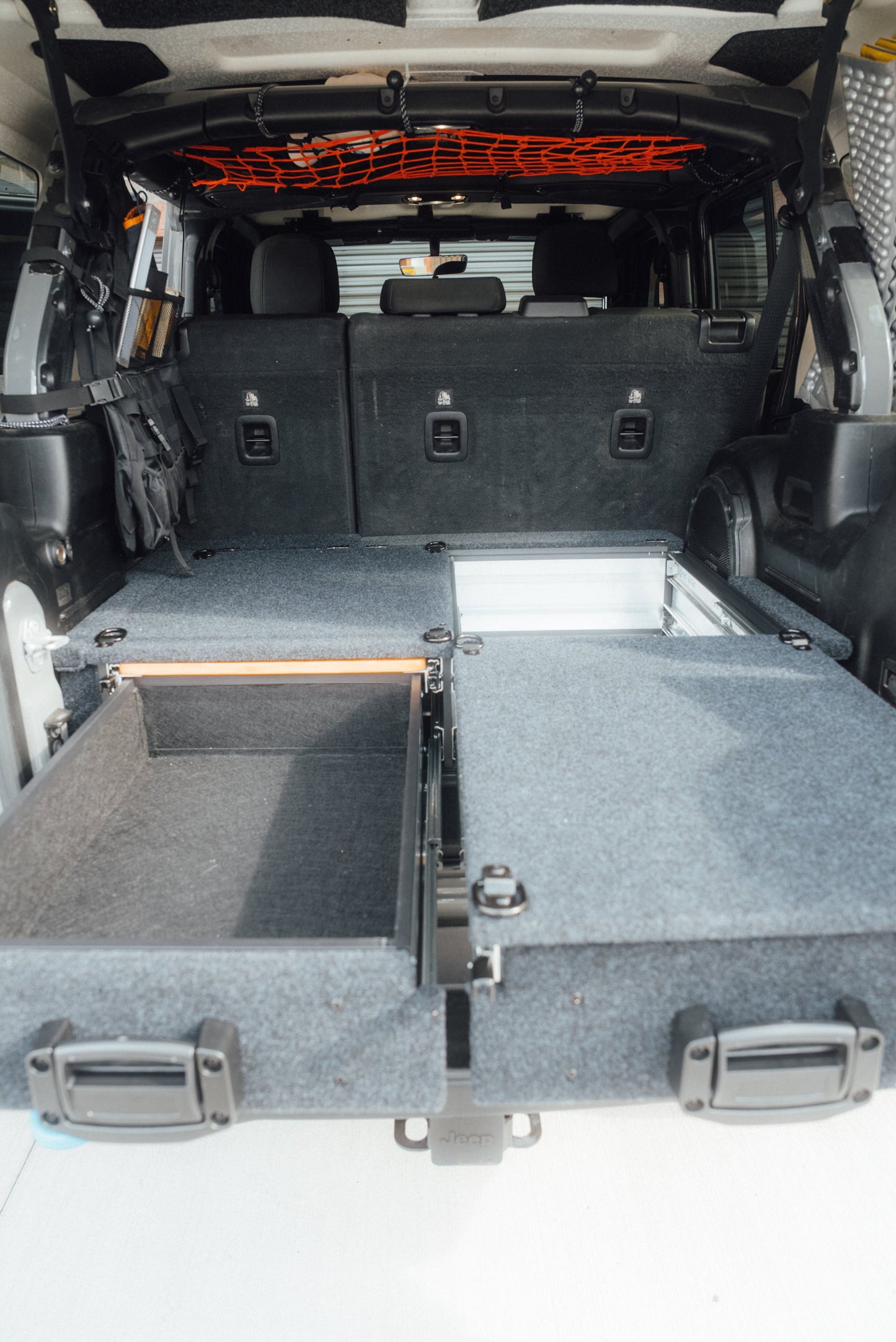 Heavy Duty Versatile Drawer System for Jeep Wrangler JL w/ Slide-Out Bamboo Table & Fridge Mount