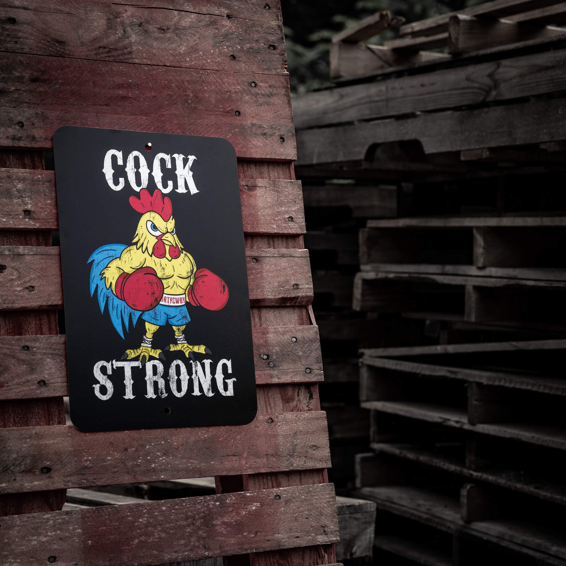 Cock Strong wall-mounted sign by Combat Iron Apparel proudly standing on a wooden backdrop, perfect for any man cave.