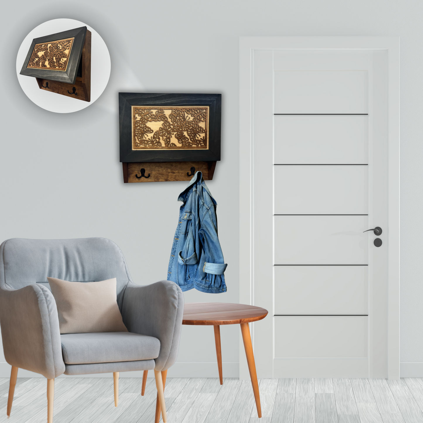 Decorative Butterfly Hidden Gun Cabinet Coat Rack, Key Hooks, Hat Hangers – Locking Concealment Furniture by Bellewood Designs