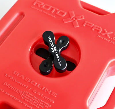 DLX Pack Mount by RotopaX on a red fuel container, demonstrating its compatibility.