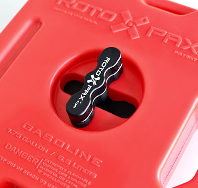 Close-up of RotopaX DLX Pack Mount on a red fuel container, illustrating its secure fit.