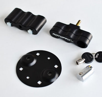 All parts of the LOX Pack Mount by RotopaX displayed, featuring a sleek design for easy attachment.