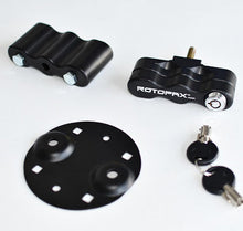 Load image into Gallery viewer, Components of the LOX Pack Mount by RotopaX including the mount base, handle, and security key.