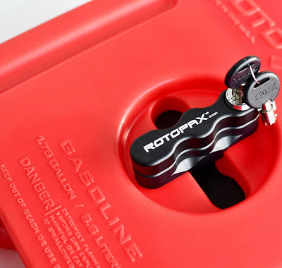 Detailed view of the LOX Pack Mount by RotopaX with the lock in place, ready for use on a fuel container.