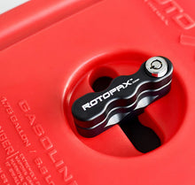Load image into Gallery viewer, Close-up of the LOX Pack Mount by RotopaX installed on a red container, showcasing the lock mechanism.